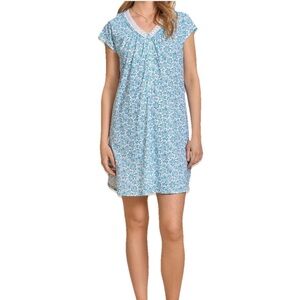 Eileen West Morning Meadow 100% Cotton Knit 36" Nightshirt Size 1X Blue & White